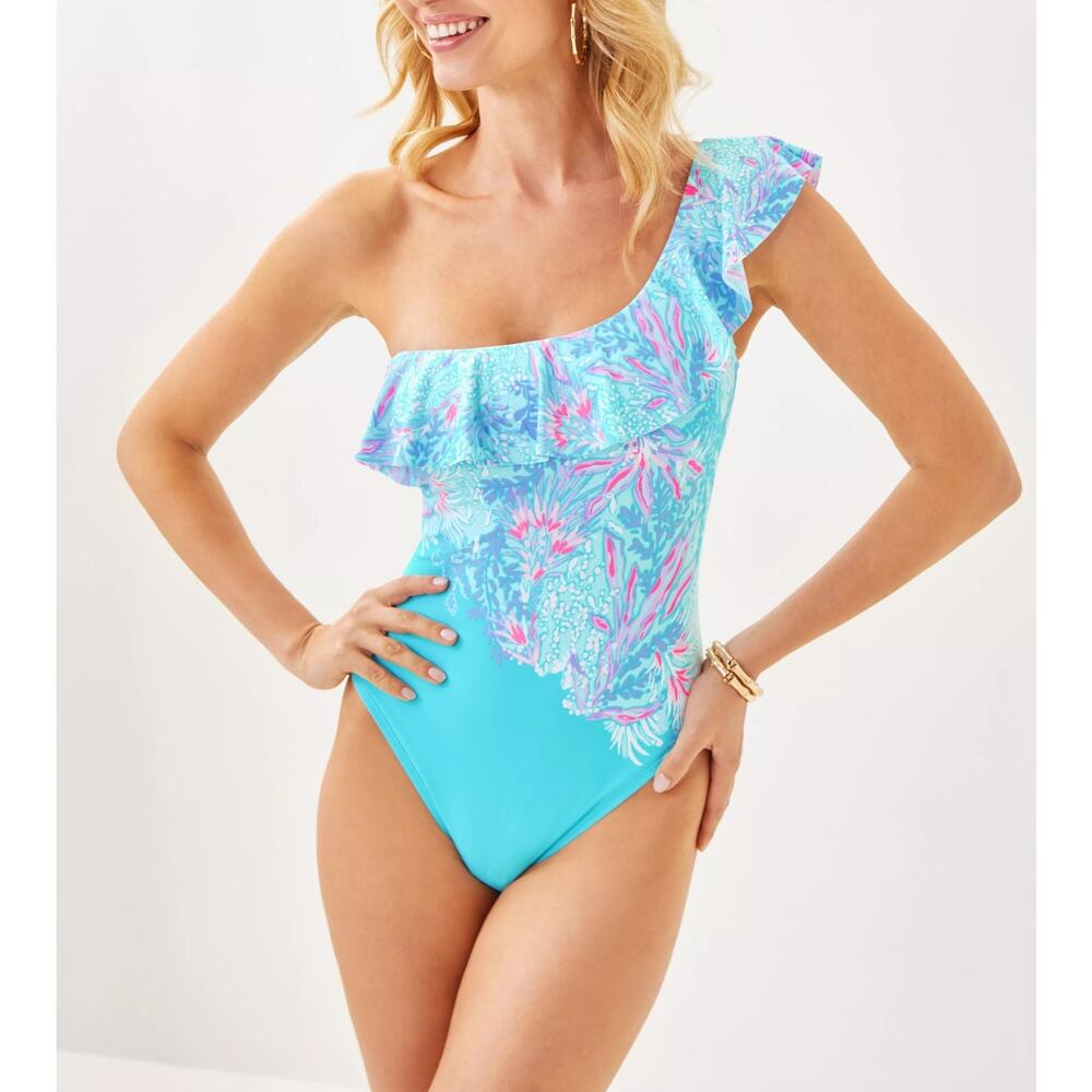 Lilly Pulitzer Caelum Ruffle One Shoulder One Piece Swimsuit Blue 16